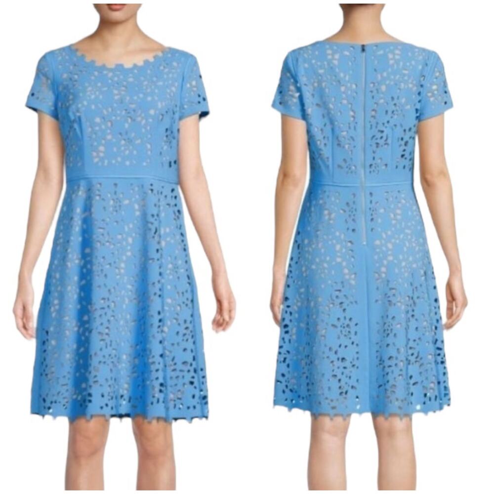 Shani NWT Laser Cutout Fit & Flare Dress Size 16 Turquoise Blue Short Sleeve